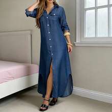 Vestido de camisa con botones en la parte delantera - Azul - Ver 3