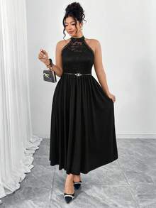 Elenzga Robe mi-longue décontractée à encolure en V, empiècement en dentelle, taille élastique, sans manches, volants à la taille, ourlet évasé. Convient pour la Saint-Valentin, les vacances, les fêtes - Noir - Voir 6
