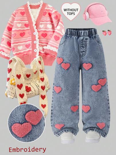SHEIN ChillGRL Young Girls Cute Style Girls Jeans, Spring/Summer & Autumn/Winter, Light Blue Denim Color, Pink Towel Embroidered Heart, Loose Straight Leg Jeans, Soft & Comfortable Fabric, Suitable For Casual Outings, Fashion & Versatile