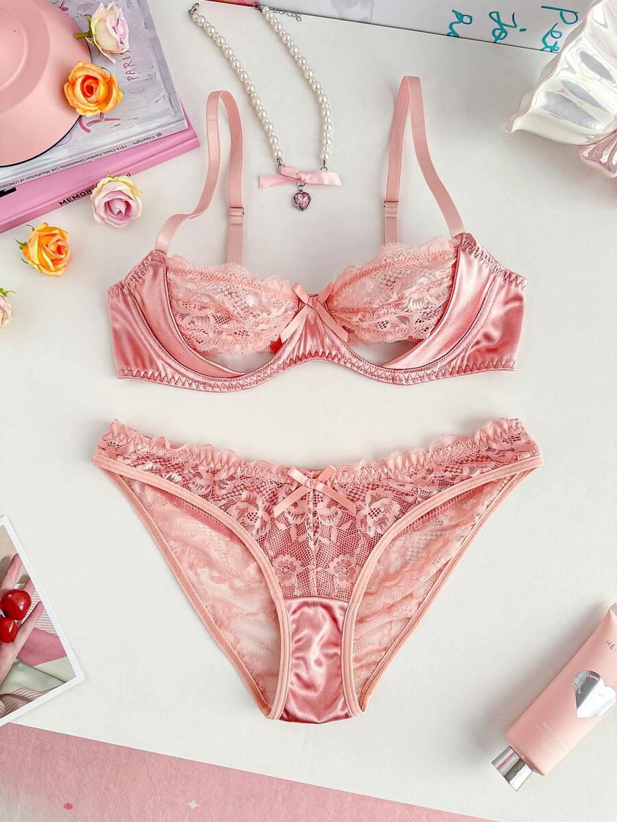 PetitDoll 两件套可爱蕾丝拼接性感内衣套装 - 藕粉色 - 查看 1