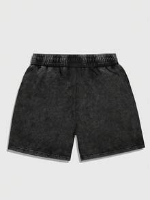 ROMWE MEN Street Life 男士休闲时尚街头抽绳腰字母印花水洗宽松短裤，夏季 - 黑色 - 查看 2