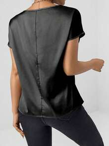 EMERY ROSE Solid Batwing Sleeve Satin Blouse - Black - View 2