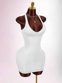 Amplova Vestido mini de mujer de unicolor con escote en V profundo y espalda descubierta - Blanco - Ver 7