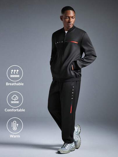 Driftmere 男士巴黎字母图形和彩色条纹印花飞行员夹克，配有松紧腰慢跑裤 2 件套，适合春秋季休闲户外日常穿着