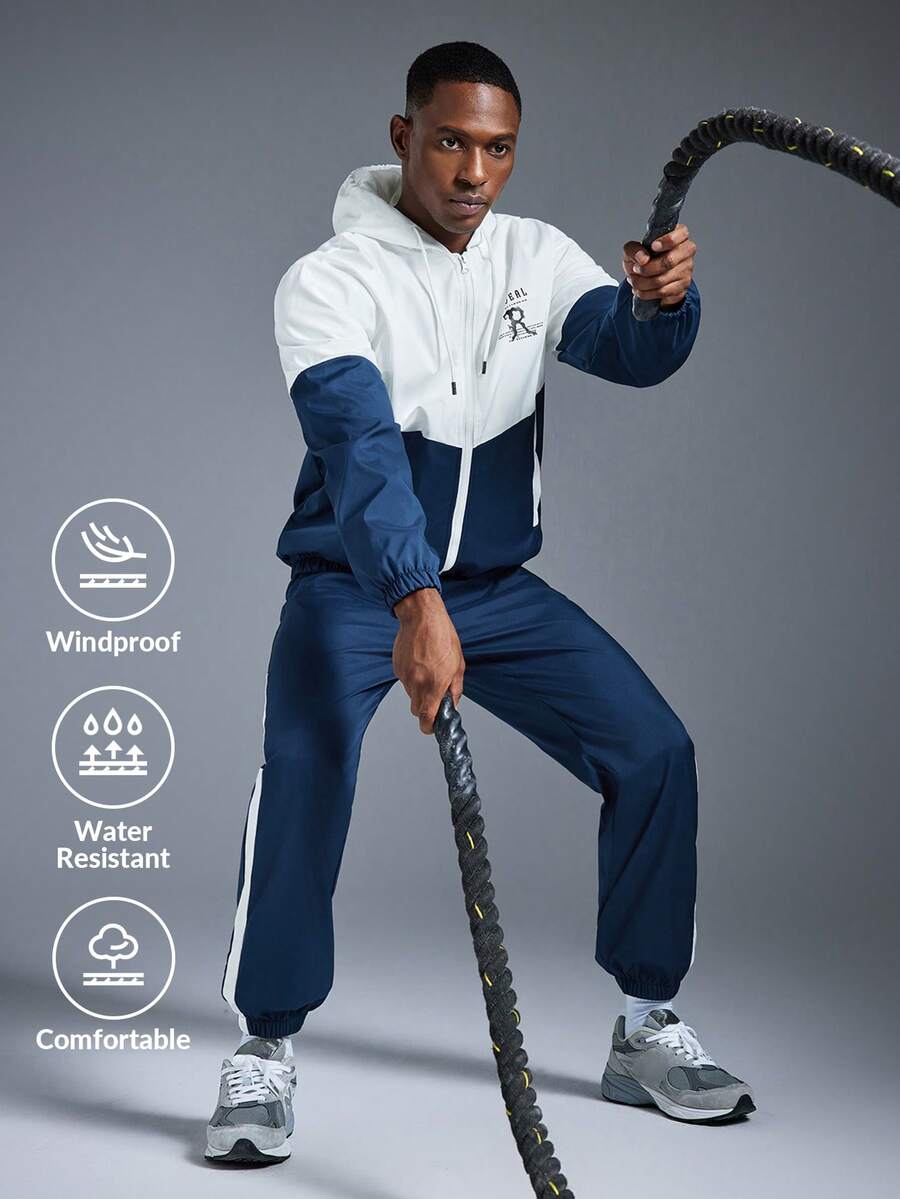 Driftmere Conjunto de ropa deportiva de 2 piezas para hombre con empalme de color contrastante, chaqueta con capucha y cordón & pantalones de chándal, conjunto de chaqueta y pantalones para camping, pesca, ciclismo y gimnasio al aire libre - azul real - Ver 1