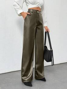 Plus Size Women's Gold Button Detailed Straight Fit Leather Pant - Green - View 1