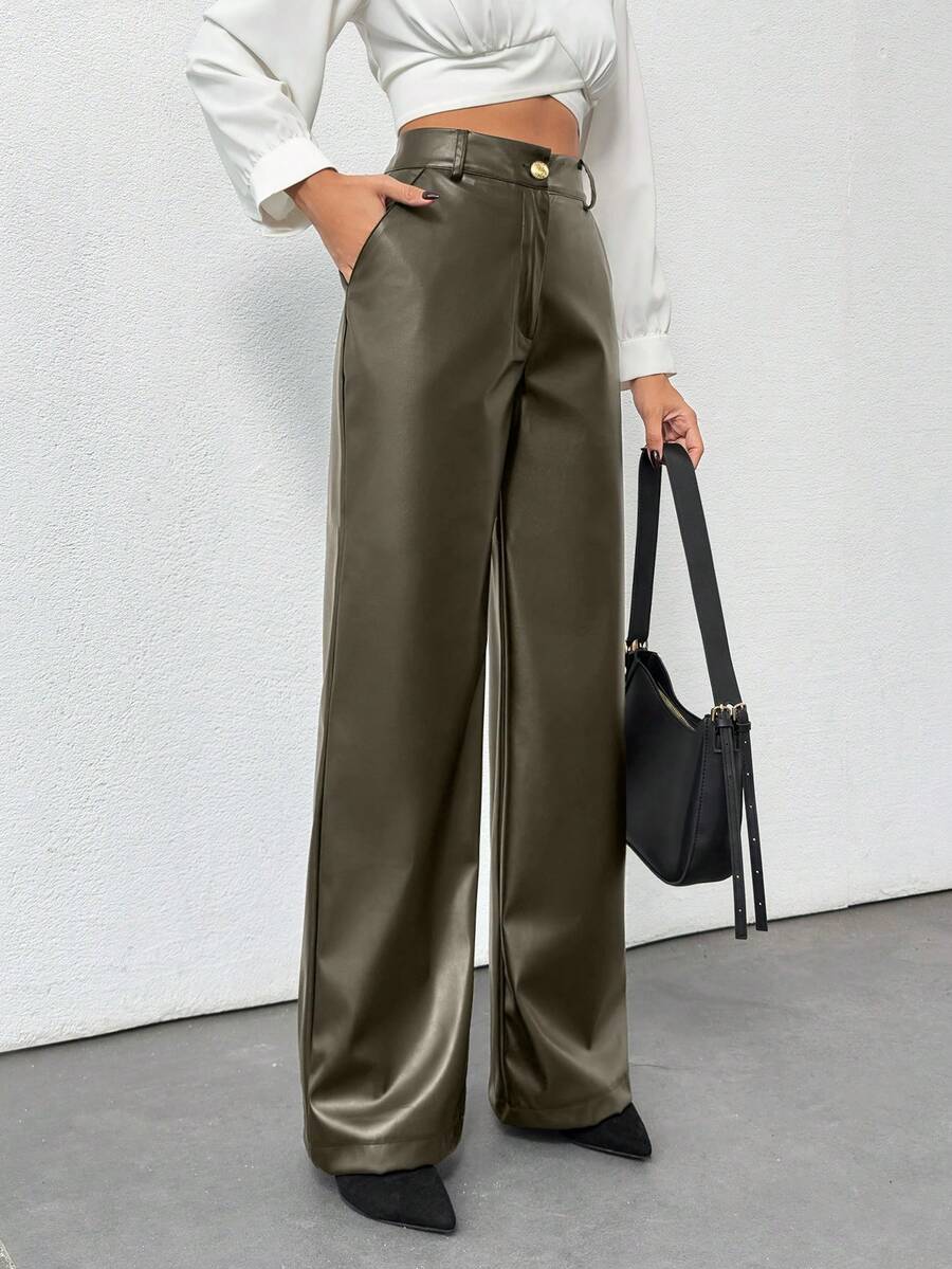 Plus Size Women's Gold Button Detailed Straight Fit Leather Pant - Green - View 1