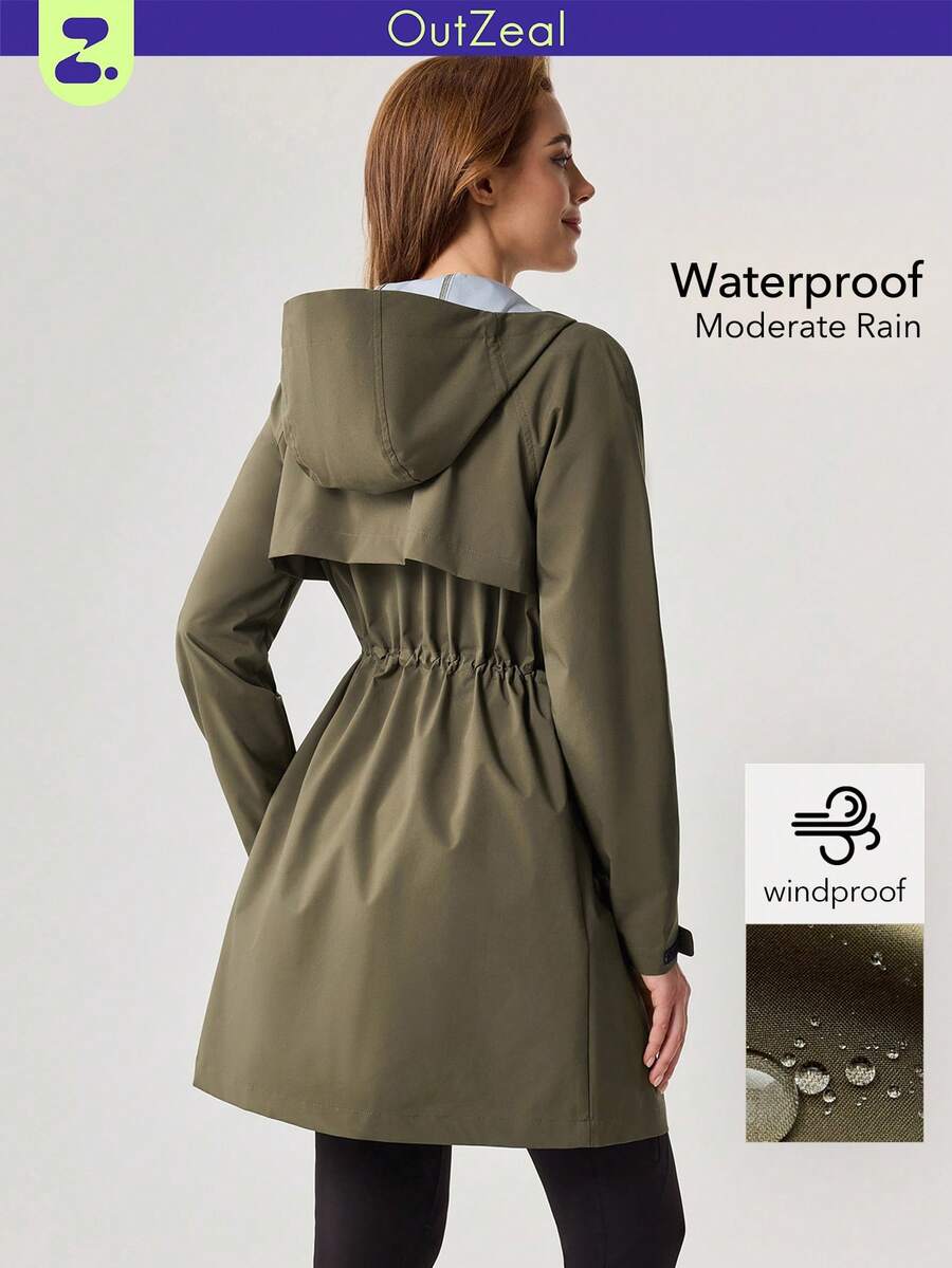 OutZeal Women Water-Resistant 3-Layer Tech Fabric Drawstring Waist Hood Long Outdoor Jacket Winter Fall Camping Hiking - Army Green - View 1