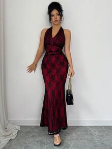 Rafferiza 优雅蕾丝露背派对连衣裙，适合派对叠穿