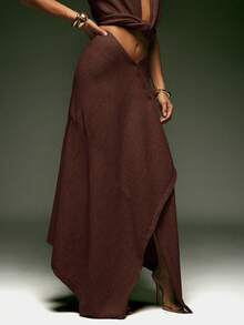 Denimoi Asymmetrical Hem V-Waist Sweater Skirt, Fashionable, For Fall And Winter - Chocolate Brown - View 2