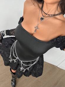 Coolane Women's All-Season Concert Outfit Rave Outfit Going Out Rave Outfit Renaissance Fair Club Outfits Party Date Night Goth Y2K Flower Lace Off The Shoulder Long Sleeve Dress - Black - View 5