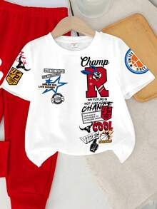 SHEIN 2 pezzi/set Ragazzo giovane, top a maniche corte e pantaloni casual minimalisti con collo rotondo, stile classico e fresco da strada con stampa grafica, stampa del logo Champion, adatto per primavera/estate - Multicolore - Visualizzare 5