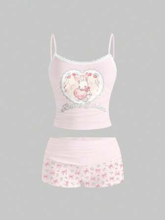 Kawaii Conjunto de 2 piezas de camiseta y pantalones cortos sexy de melocotón con conejo lindo, encaje rosa y eslogan con corazón para mujeres