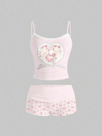 Kawaii Cute Rabbit, Pink Lace, Heart Slogan, Peach Sexy Camisole And Shorts 2 Pieces Set For Women
