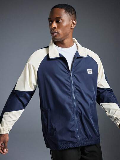 Driftmere Men's Retro Color Block Collar Jacket, Collegiate Style Casual Outerwear, Minimalist Essential Bomber Jacket , Fall Spring To Summer