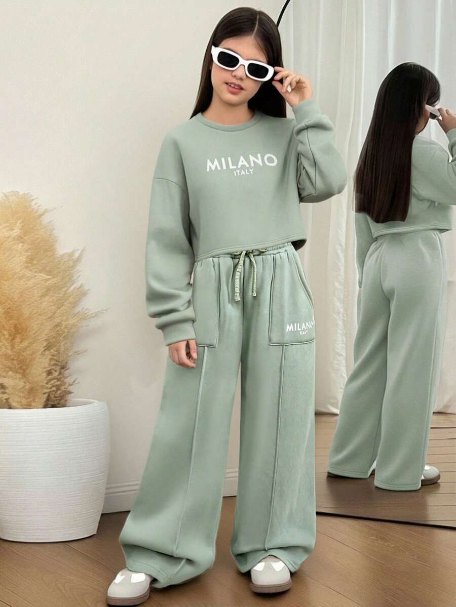 SHEIN Tween Girls' Letter Graphic Drop Shoulder Pullover Sweatshirt Set - Mint Green - View 1