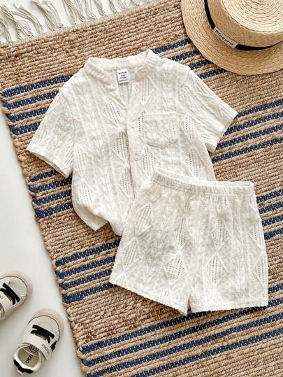 Baby Boy Cute Casual Knit Jacquard White Short Sleeve Shirt & Elastic Waist Shorts Set