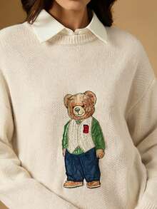 Briarwyn 女士休闲日常小熊刺绣落肩圆领毛衣，秋冬款 - 米色 - 查看 2