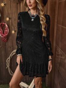 Women's Western New Year Party Black Lace Long Sleeve Ruffle Hem Elegant Dress, New Year Outfit Suitable For New Year Party, Gathering, Daily Date, Attending Dinner Party - LanaWest - Black - View 1