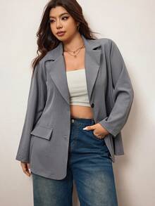 Enliva Plus Size Casual Commuting Grey Plaid Texture Plus Size Long Sleeve Loose Women Blazer Jacket Graduation,Back To School,Teacher Outfits For Women In Fall/Winter, For Apple Rounded Body Shape - Grey - View 6