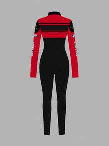 Slaydiva Casual Letter Pattern Contrast Color Motorcycle & Racing Long Sleeve Front Zipper Jumpsuit, Suitable For Autumn/Winter Y2k - Multicolor - View 2