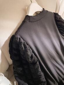 1pc Girls' Spring/Autumn High Collar Black Textured Puff Sleeve Waist Fitted Knit Dress, Elegant Style For Party, School, Daily Wear - Black - View 4