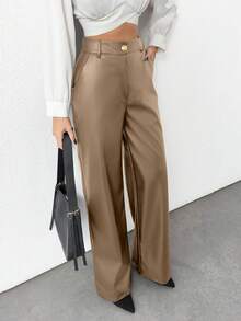 Plus Size Women's Gold Button Detailed Straight Fit Leather Pant - Mocha Brown - View 4