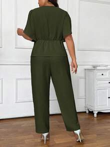 SHEIN Frenchy Plus Size Summer Simple Solid Color Textured Button Decor Top And Pants Set,Business Casual Woman,Holiday Outfits For Women In Fall/Winter - Army Green - View 3