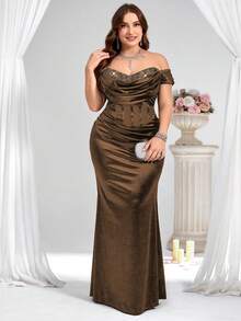 Coutiva Plus Size Women's Off-Shoulder Shiny Elegant Formal Evening Gown Dress - Brown - View 1