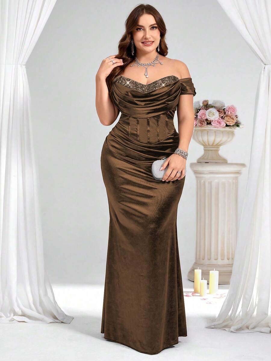 Coutiva Plus Size Women's Off-Shoulder Shiny Elegant Formal Evening Gown Dress - Brown - View 1