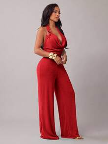 Radiana Women's Sexy & Elegant Red Plunging Neck Jumpsuit, Suitable For Dates, Gatherings, Parties, Nightclubs, Carnivals, Valentine's Day,Spring To Summer, - Red - View 4