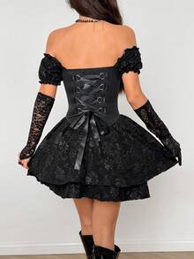 Coolane Women's All-Season Concert Outfit Rave Outfit Going Out Rave Outfit Renaissance Fair Club Outfits Party Date Night Goth Y2K Flower Lace Off The Shoulder Long Sleeve Dress - Black - View 3