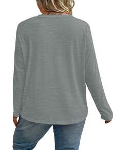 Áo thun tay dài cổ tròn rộng rãi, màu trơn, đơn giản, thoải mái, cỡ lớn, màu đỏ, thích hợp mặc vào mùa xuân/thu, Giáng sinh - Xám - Xem 2