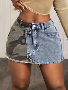 Slaydiva 女士牛仔迷你裙，休闲时尚街头风，迷彩印花，毛边设计，牛仔拼接，完美适合春夏，情人节、沙滩装、生日等场合，Y2K风格。 - 黑色 - 查看 4
