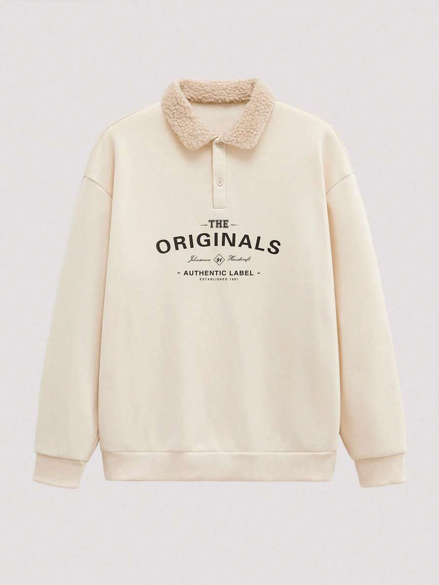 Open Phase 新款男士拼接羊羔绒领卫衣，时尚休闲，秋冬款 - 杏色 - 查看 1