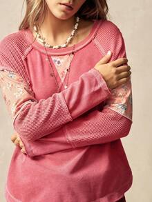 Bohemela Casual Knit Patchwork Round Neck Loose Fit Women Sweatshirt - Multicolor - View 4