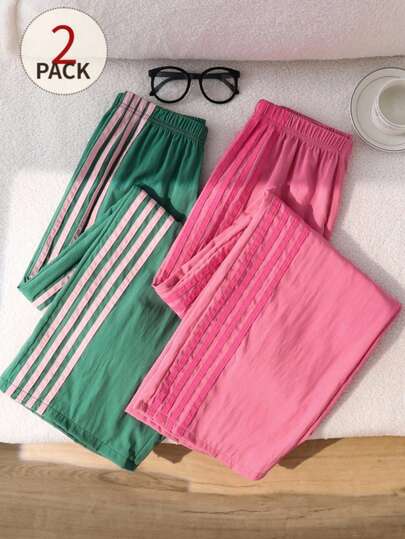 Sparklyn Two Pieces Youth Wide-Leg Pants: Green Striped Style And Pink Casual Loose Long Pants, Suitable For Teenagers To Wear. With Comfortable Elastic Waist Design, It Is A Lightweight Pants Set, Ideal For Daily Casual And Sports Activities.