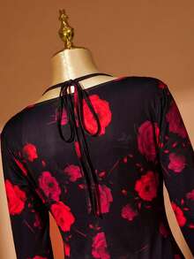 DreamSkyne Plus Size Women's Black And Red Floral Print Maxi Dress,Elegant Long Sleeve Cowl Neck Mermaid Gown,Milk Silk Rose Dress For Autumn Party,Gatherings - Black - View 8