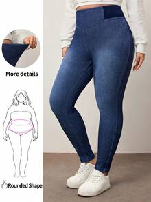Enliva Plus Size Plain Color Block Casual Stretchy Knit Jeans Apple Bottom Jeans, For Apple Rounded Body Shape - Blue - View 1