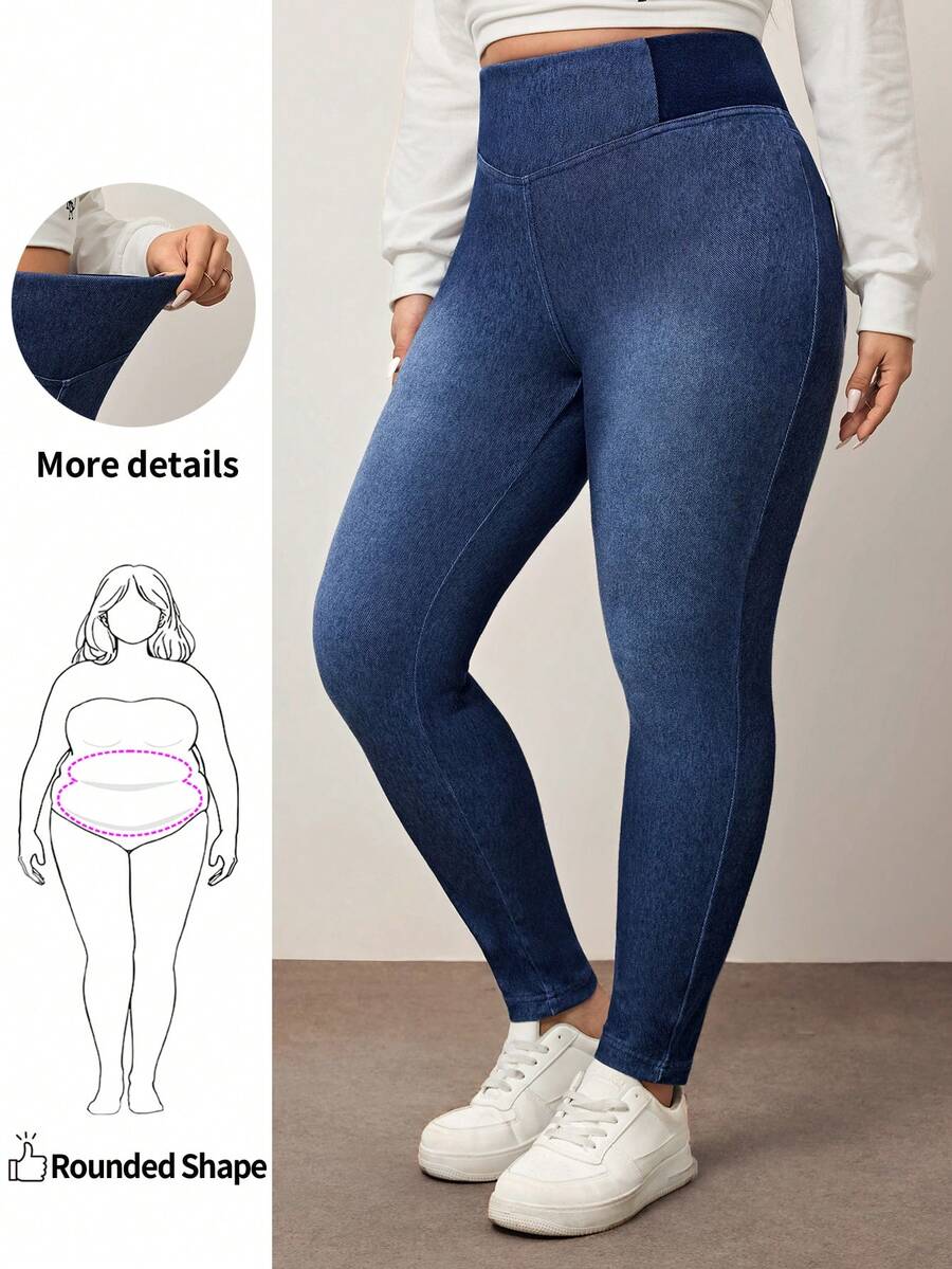 Enliva Plus Size Plain Color Block Casual Stretchy Knit Jeans Apple Bottom Jeans, For Apple Rounded Body Shape - Blue - View 1