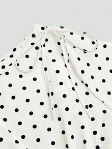 Sweetra Plus Size Black & White Polka Dot Long Sleeve Fitted Waist Shirt With Bow Shoulder Decor, Casual Everyday Wear - Black and White - View 8