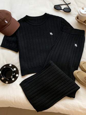 Comfortcana Women's Knight Pattern Short Sleeve Knit Top And Knitted Blend Pants Casual Suit Polo Horse Emblem Clothing Ribbed Short Sleeve Top And Pants Casual Black Knit Outfit Black Ribbed Knit Set Knitted Polo Horse Logo Set Polo Horse Logo Clothes Knitted Polo Shirt Set Cropped Knit Top And Skirt Black Matching Knitwear