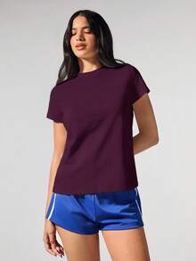 Menodora SHEIN Sport Áo thun nữ cổ tròn dệt kim màu trơn dáng rộng thoải mái - Màu tím - Xem 1