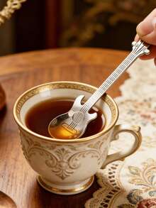 1pc Silver Creative Guitar Shaped Spoon, Suitable For Coffee, Tea, Desserts, Ice Cream - Stainless Steel Kitchen Utensil, Kitchenware, Tableware