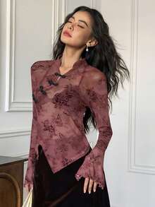 EastFlair Women's Elegant Floral Print Asymmetric Hem Long Sleeve Blouse With Button Cuffs, Autumn - Black - View 2