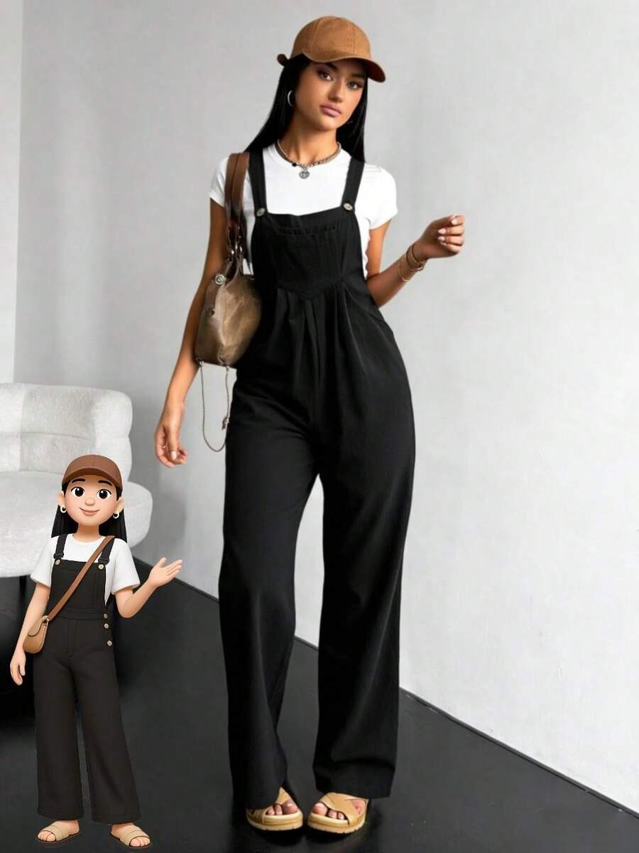 Petos con parche de letra con bolsillo delantero sin camiseta, Mono de de pierna ancha y bolsillos para mujer con ajuste holgado, versátil y casual - Negro - Ver 1