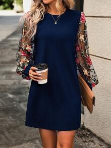 EMERY ROSE Loose Fit Elegant Lantern Sleeve Round Neck Mesh Patchwork Casual Dress - Navy Blue - View 3