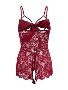Bow Front Floral Lace Crotchless Teddy Bodysuit Lingerie - Burgundy - View 2