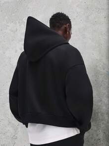 SUMWON 常规款拉链连帽衫，带抽绳帽和前袋，休闲卫衣外套，适合秋冬季日常穿着，纯色 - 黑色 - 查看 2