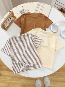 SHEIN 3pcs Boys' Casual Crew Neck T-Shirts,Brown,Beige Striped&Solid White,Summer,School,Weekend Family Activities,Short Trips,Park Long Sleeve Tees - Multicolor - View 2